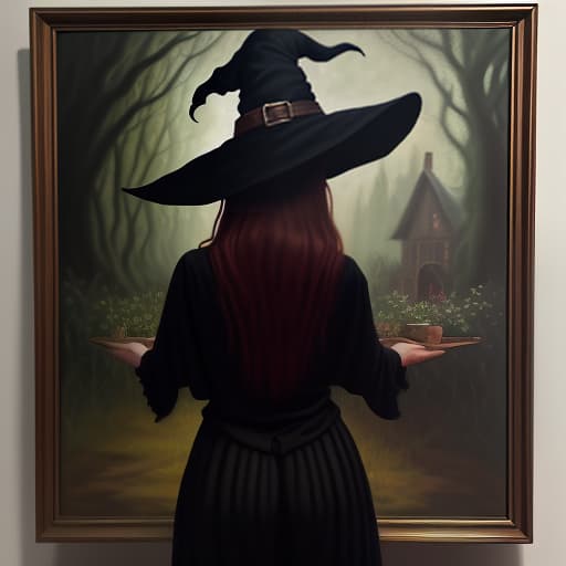   witch , in full growth, looking at the camera, view from the back, oil painting