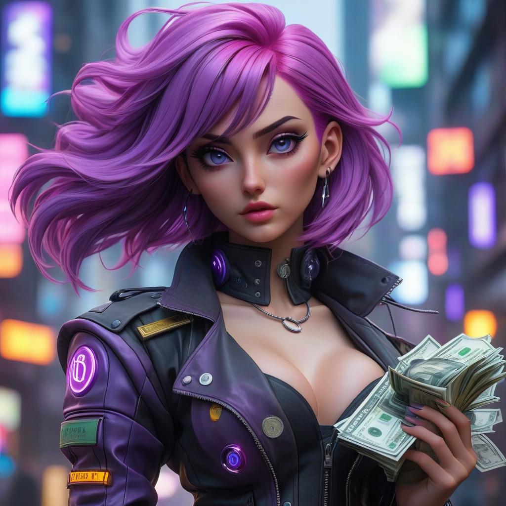  cyberpunk game style a girl with purple hair, money in her hands, money falling from the sky, full length, long hair, anime . neon, dystopian, futuristic, digital, vibrant, detailed, high contrast, reminiscent of cyberpunk genre video games hyperrealistic, full body, detailed clothing, highly detailed, cinematic lighting, stunningly beautiful, intricate, sharp focus, f/1. 8, 85mm, (centered image composition), (professionally color graded), ((bright soft diffused light)), volumetric fog, trending on instagram, trending on tumblr, HDR 4K, 8K