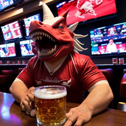  Razorback mascot at a sports bar drinking a large glass of beer and watching football on TV