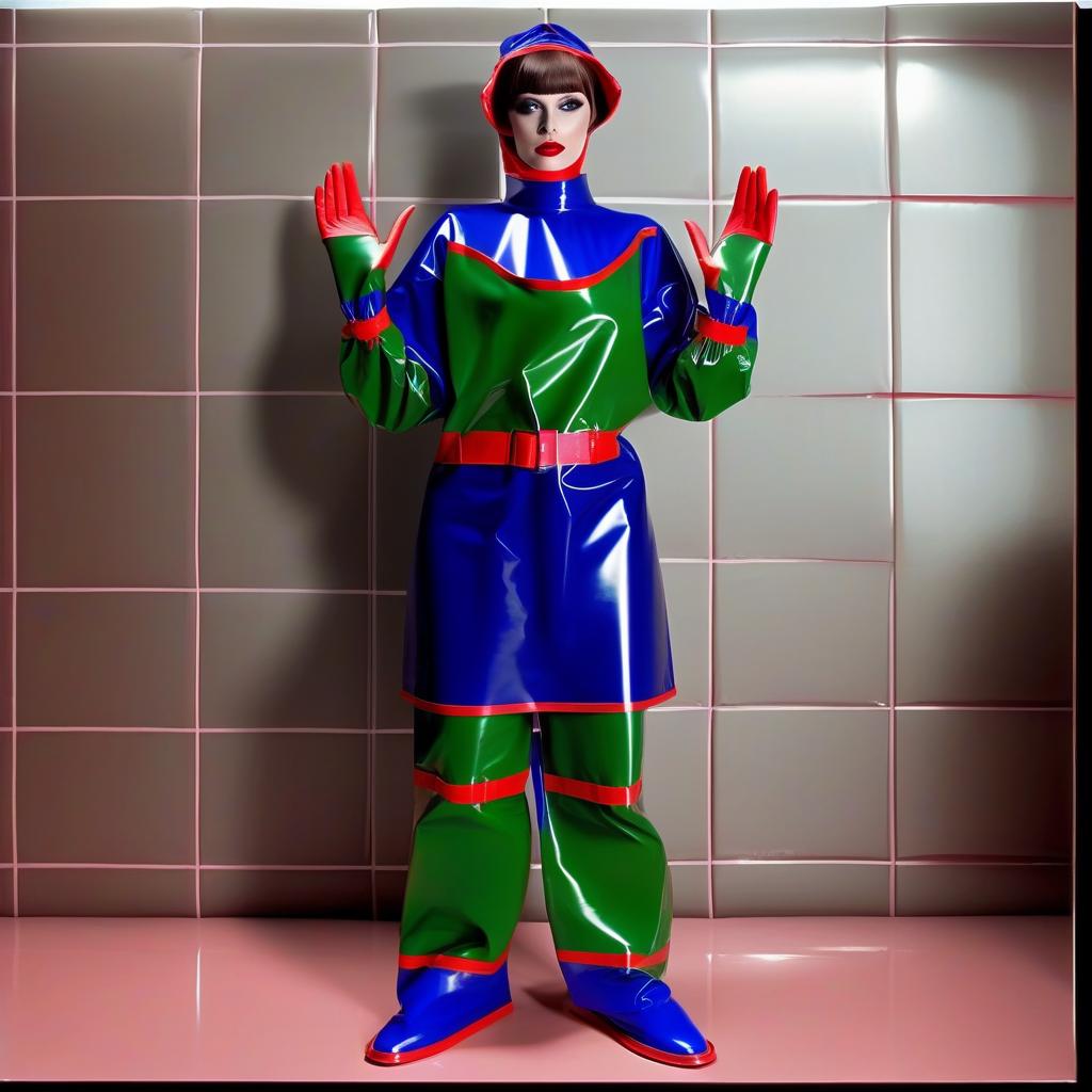  "hyperdetalisation, woman, mistress surgeon, in dressed three color surgical suit, made of glossy latex, standing alone, full length, front view, full face, dressed in, surgical gown, knee length, with elastic waistband, long sleeves, with elastic cuffs, upper part of surgical gown, (from collar to waist), glossy latex dark green, belt at waist, glossy latex red, lower part of surgical gown, (from hem to waist), glossy latex dark blue, in the center of the surgical gown there is an emblem in the form of surgical forceps "burdizzo", upper part of sleeve, (from shoulder to elbow), glossy latex dark blue, lower part of sleeve, (from elbow to cuff), glossy latex dark green, cuffs on sleeve, glossy latex red, (bib with collar), made of glossy d