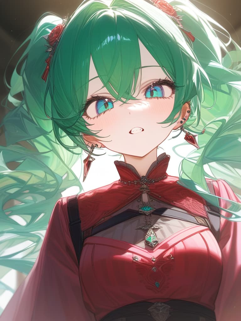  twin tails, blue green hair, blue green eyes, double teeth, piercings, vampires, pink robe, masterpiece, best quality,8k,ultra detailed,high resolution,an extremely delicate and beautiful,hyper detail