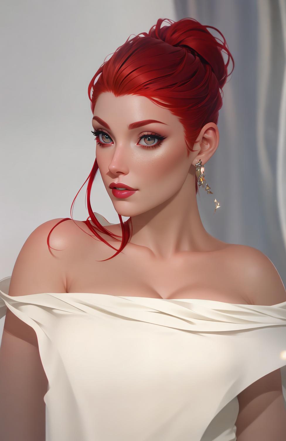  Extremely beautiful, red hair, intense gaze, back lighting, Ethereal, 8k high quality, UHD, HDR hyperrealistic, full body, detailed clothing, highly detailed, cinematic lighting, stunningly beautiful, intricate, sharp focus, f/1. 8, 85mm, (centered image composition), (professionally color graded), ((bright soft diffused light)), volumetric fog, trending on instagram, trending on tumblr, HDR 4K, 8K