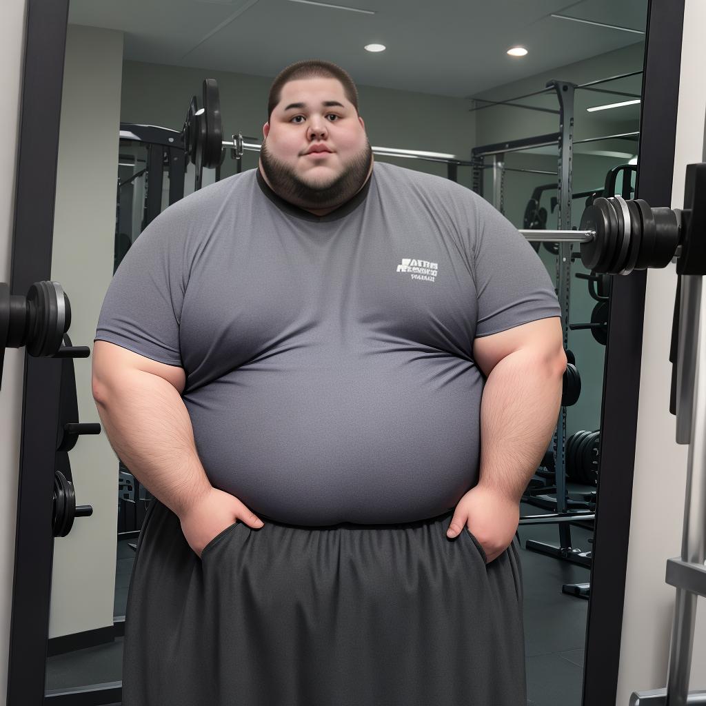  A fat man looks in the mirror at the gym, opposite his muscular self.