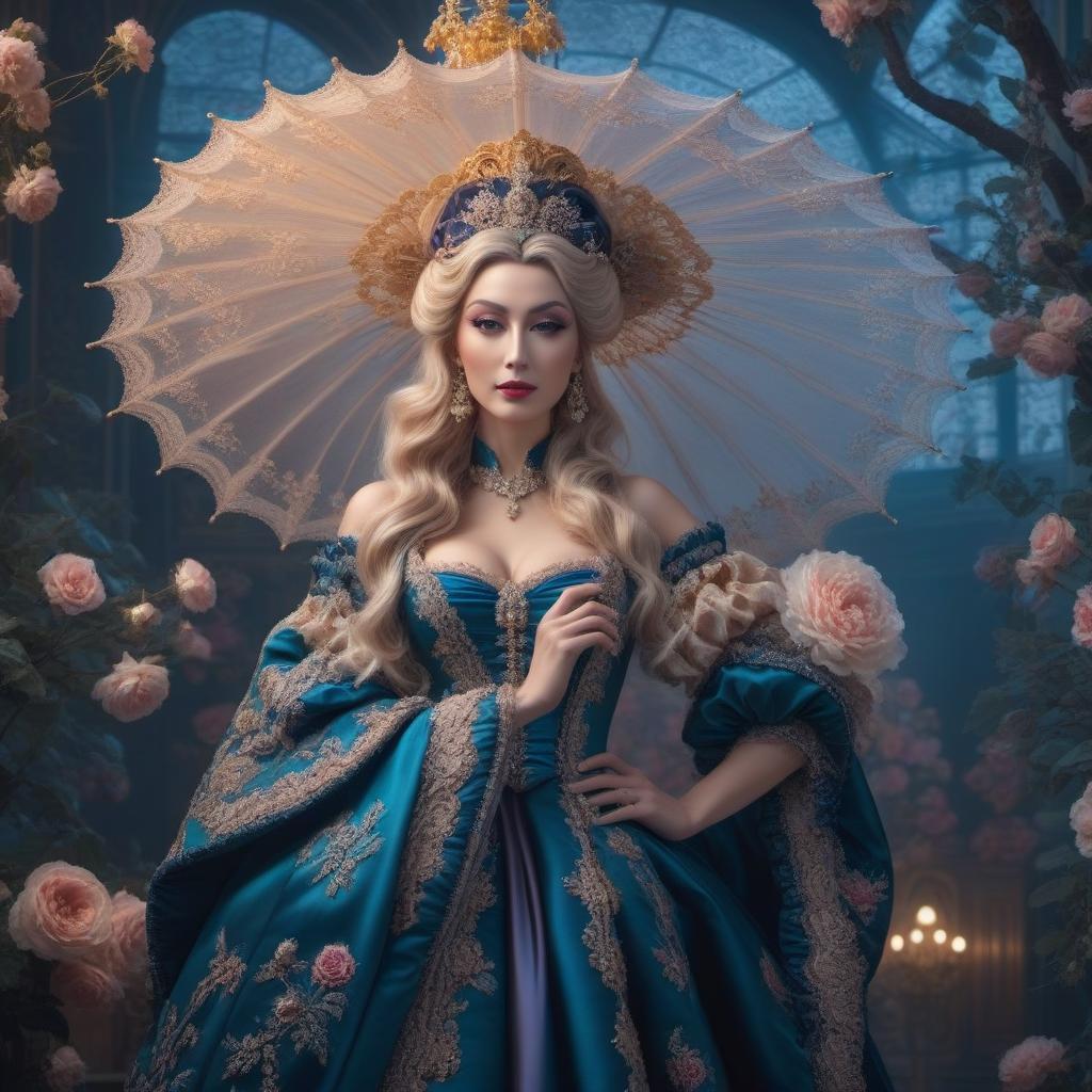  Madame Pompadour hyperrealistic, full body, detailed clothing, highly detailed, cinematic lighting, stunningly beautiful, intricate, sharp focus, f/1. 8, 85mm, (centered image composition), (professionally color graded), ((bright soft diffused light)), volumetric fog, trending on instagram, trending on tumblr, HDR 4K, 8K