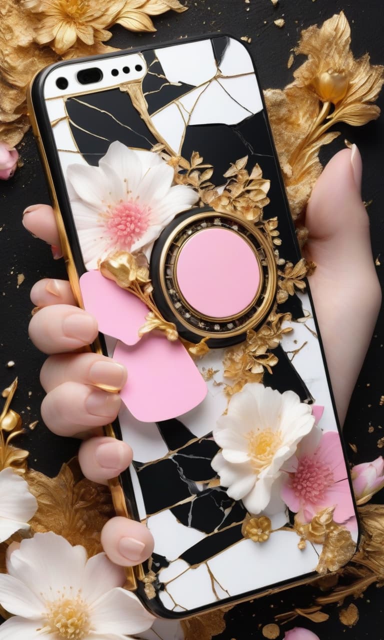  concept art black, white, gold, pink broken phone on a black and gold background of flowers . digital artwork, illustrative, painterly, matte painting, highly detailed, perfect hands