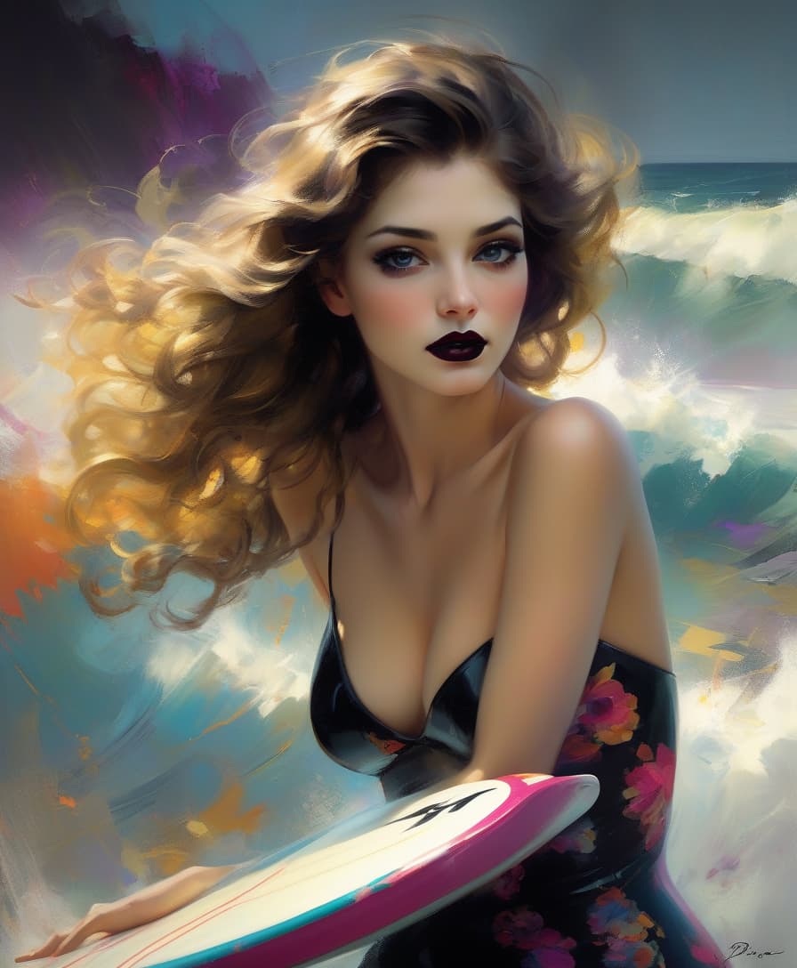  portrait by pino daeni, vladimir volegov, alberto seveso, surfer woman, with voluminous , detailed background, dark art, black lipstick, perfect details, night, colorful, cute, perfect face.