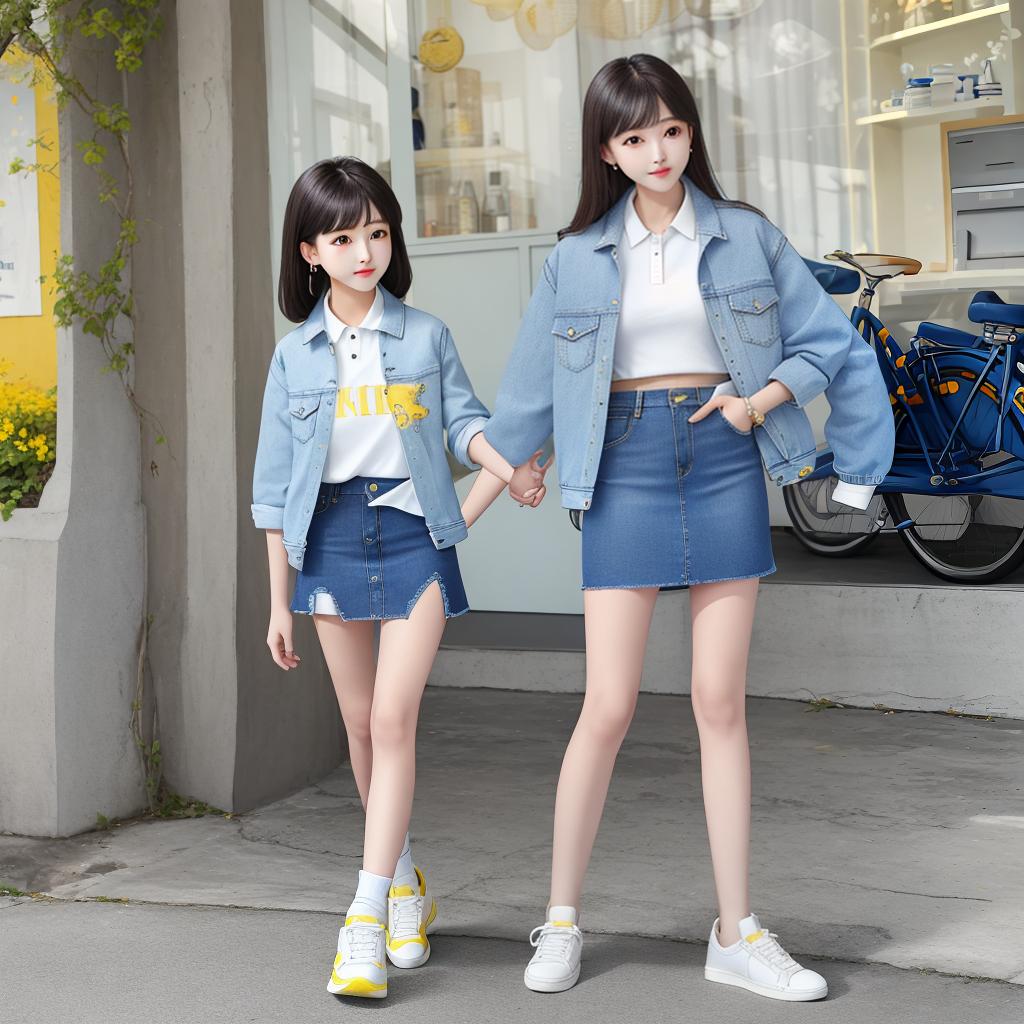  masterpiece, best quality,Denim Blue Jean Cropped Jean Jacket, White Polo Shirt, Yellow Pleased Mid Calf Skirt, Casual White Sneakers,