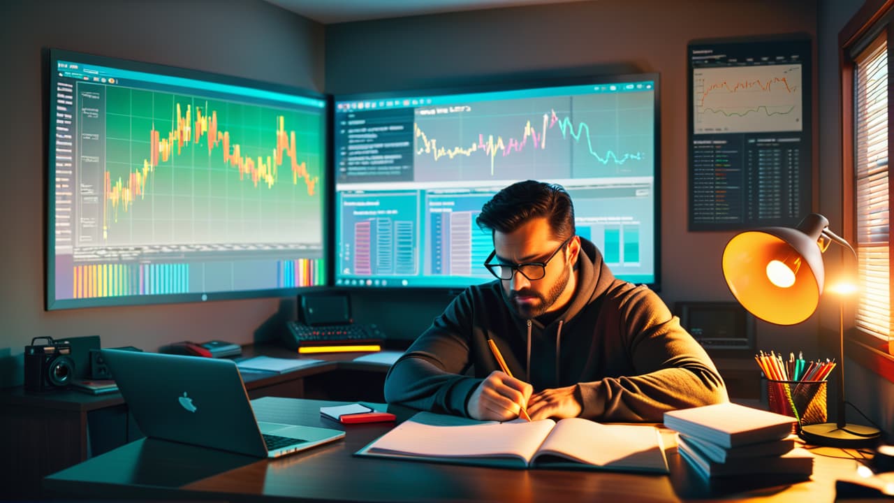  a focused individual at a cozy desk, surrounded by colorful stock charts, a laptop displaying trading platforms, financial books, and a notepad filled with handwritten notes, sunlight streaming in through a nearby window. hyperrealistic, full body, detailed clothing, highly detailed, cinematic lighting, stunningly beautiful, intricate, sharp focus, f/1. 8, 85mm, (centered image composition), (professionally color graded), ((bright soft diffused light)), volumetric fog, trending on instagram, trending on tumblr, HDR 4K, 8K