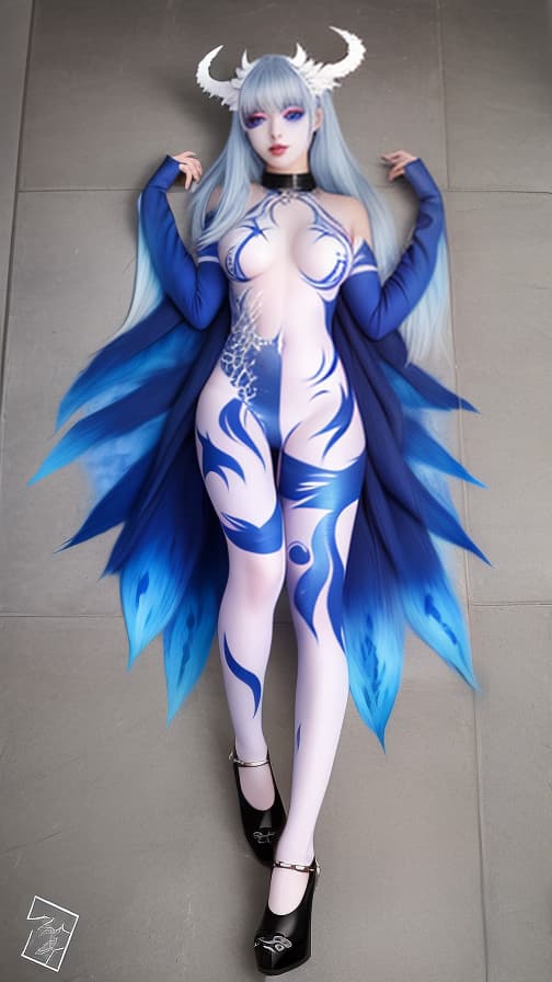  Blue and silver flame pattern body paint in every corner of the whole body, Blark body paint full body,White face paint on the face, two succubuses, full body image 女の子