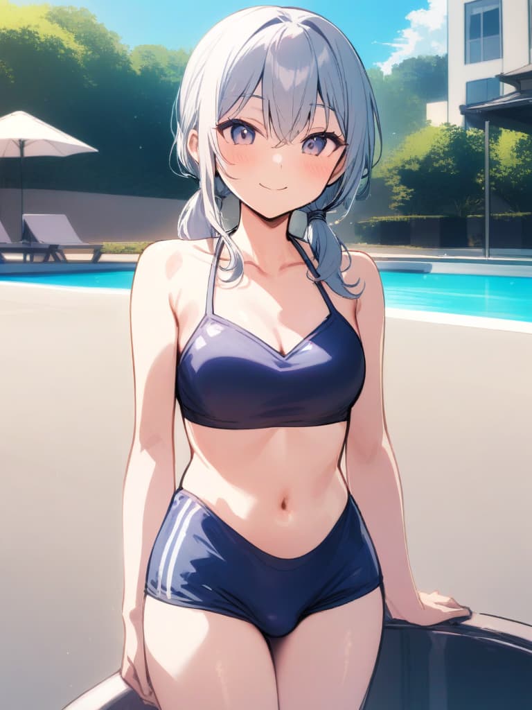  women's elementary students, twin tails, rich smiles, cute smiles, navy blue swimwear, old swimwear, swimwear, simple, male, shaped clear , shaped clear, clear stem, shaped crisp, male bulge,, front. the whole body, pool side,