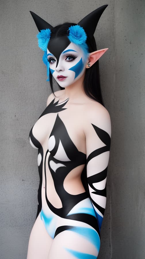  Black and blue bat-shaped body paint in every corner of the whole body, White body paint all over the body, grey face paint on the face, elf,full body image female