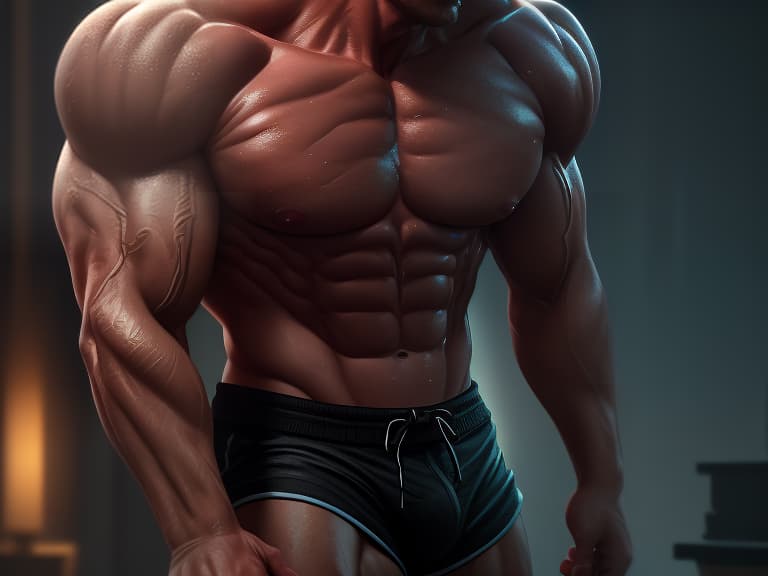  a muscular man with an open torso and wearing tight shorts., (extremely detailed oil painting:1.2), glow effects, godrays, hand drawn, render, 8k, octane render, cinema 4d, blender, dark, atmospheric 4k ultra detailed, cinematic sensual, sharp focus, humorous illustration, big depth of field, masterpiece, colors, 3d octane render, 4k, concept art, trending on artstation, hyperrealistic, vivid colors, extremely detailed cg unity 8k wallpaper, trending on artstation, trending on cgsociety, intricate, high detail, dramatic