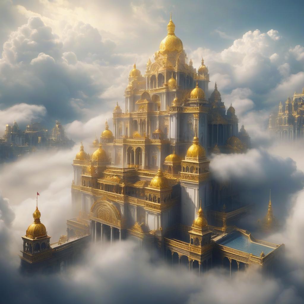  fog city. golden city. a large palace surrounded by clouds.