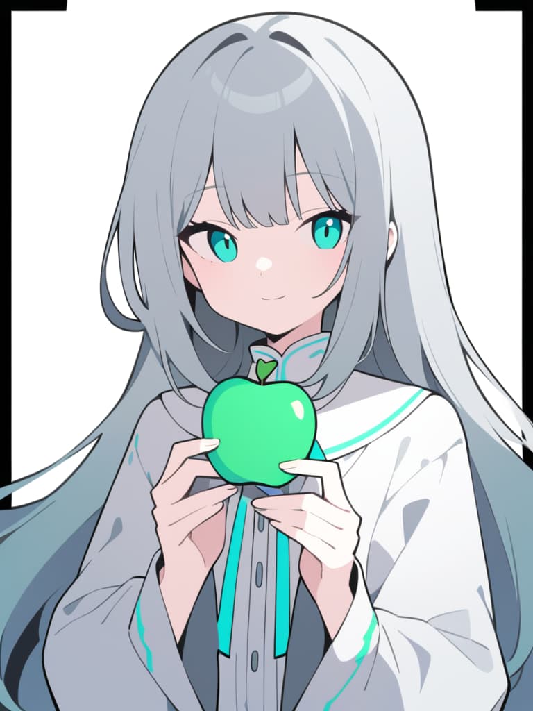  a close up of a mysterious girl with long,silver gray hair tied with a large ribbon,wearing a frilly white outfit with green accents. she has a slightly mischievous and confident smirk while holding an abstract,hard to identify object in her hand instead of an apple. the object should be strange in shape,with intricate designs that make it challenging to discern what it truly is,adding an air of mystery. the background is a solid,vivid turquoise that contrasts with the character's calm yet slightly ominous expression. the art style uses bold lines,flat colors,and minimal shading to create a stylized,striking appearance.