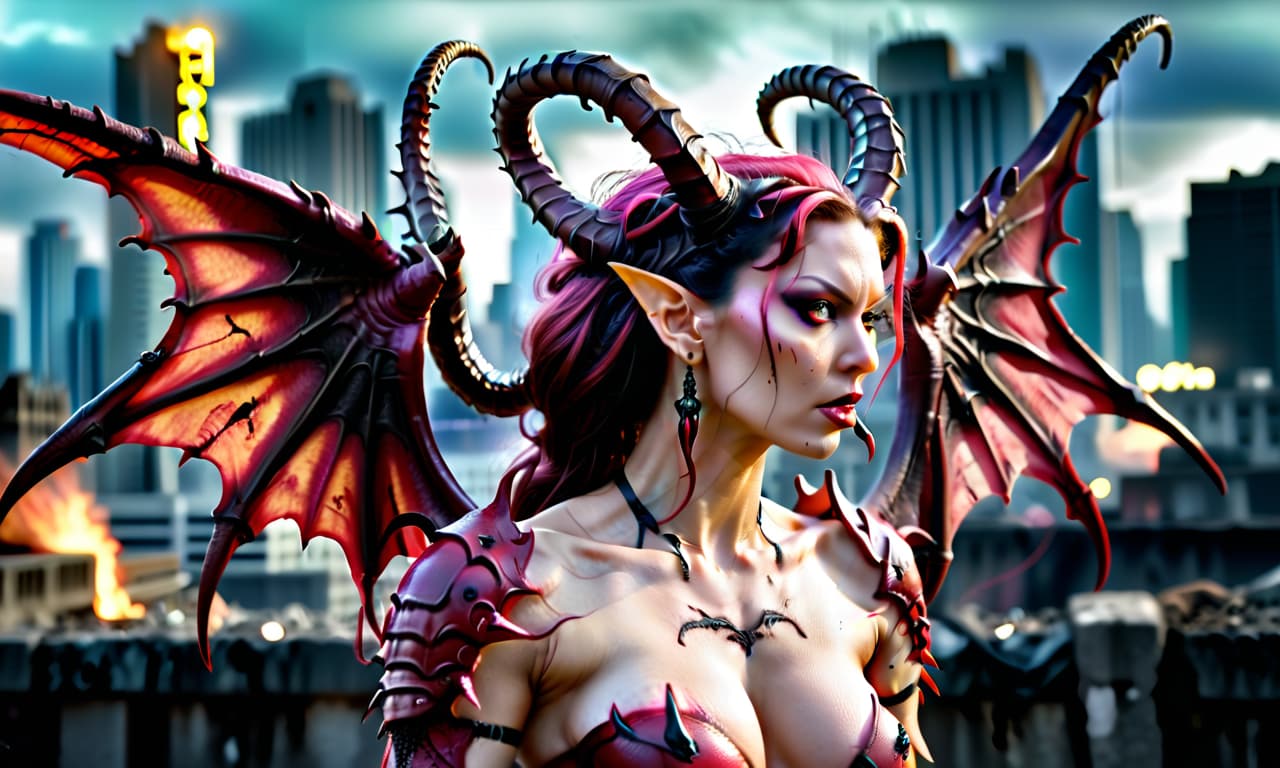  cinematic photo an demonic bitch succubus insectoid woman called kerrigan, the queen of blades, hairstyle like a medusa gorgona, in a grimdark world against the backdrop of a ruined city, with clawed wings sticking out from behind her back . 35mm photograph, film, bokeh, professional, 4k, highly detailed, hkmagic, glowneon, perfecteyes, film photography style