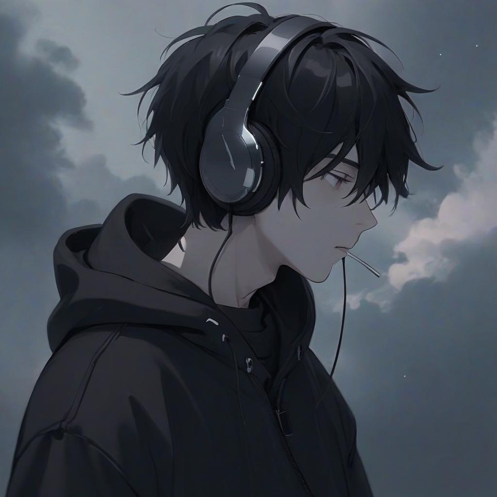  a guy with short black hair in a gray hoodie and white headphones looks at the clear sky