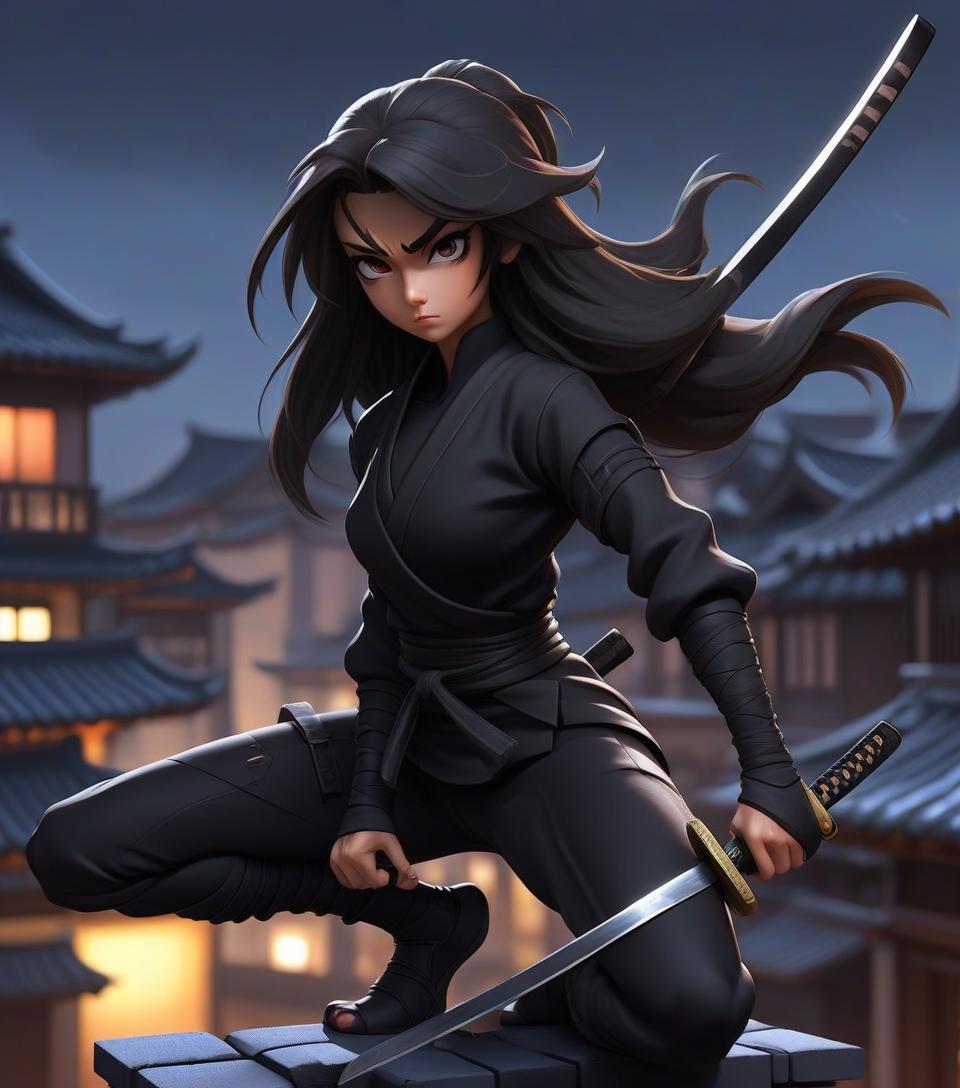  breathtaking a ninja girl with a katana in her hand: a heroine in a classic anime style, dressed in black ninja clothes, stands on the roof of a building in a night town. she holds a katana in her hand and her hair flies in the wind. . award winning, professional, highly detailed