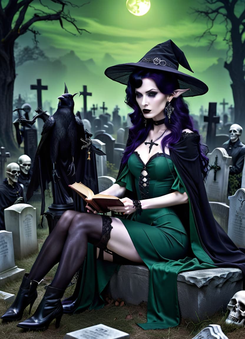  film noir style full body, very young elf necromancer, pale skin, slender, thin, athletic, extremely thin waist, very long dark purple wavy hair,mive cross earrings, wide tattoo on top of s, open shoulders, black very short dress, soled boots, lace stockings, long cloak, necromancer staff in left hand, necromancer book in right hand, old abandoned graveyard, many tombstones, crosses, graves, dead trees, crows, full moon, moonlit night, ghosts, dead knights . monochrome, high contrast, dramatic shadows, 1940s style, mysterious, cinematic, hkmagic hyperrealistic, full body, detailed clothing, highly detailed, cinematic lighting, stunningly beautiful, intricate, sharp focus, f/1. 8, 85mm, (centered image composition), (professionally color graded), ((bright soft diffused light)), volumetric fog, trending on instagram, trending on tumblr, HDR 4K, 8K