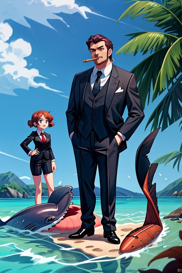  a rich man in a suit with a cigar in his mouth standing beside a stranded whale with two beautiful ladies in bikinis on the man's side, (anime:1.15), hq, hightly detailed, 4k