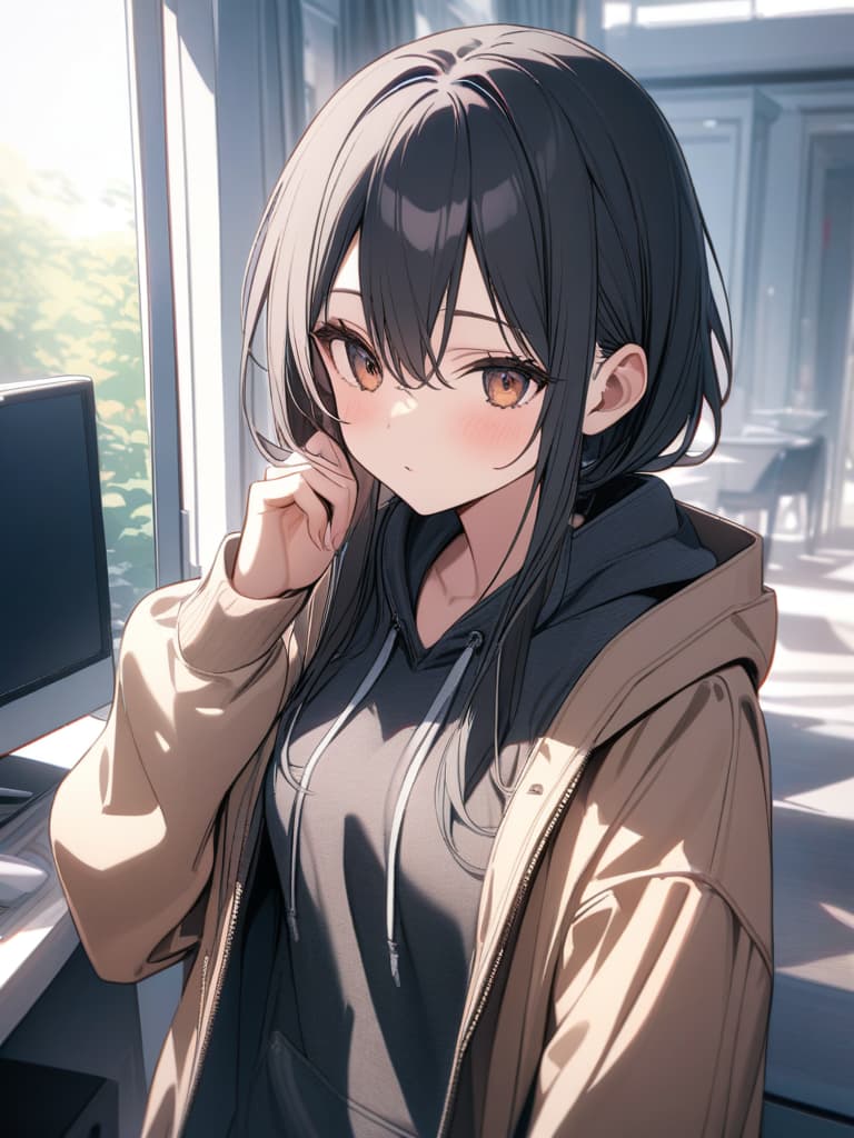  girl, cute, black hair, long, hoodie, masterpiece, best quality,8k,ultra detailed,high resolution,an extremely delicate and beautiful,hyper detail