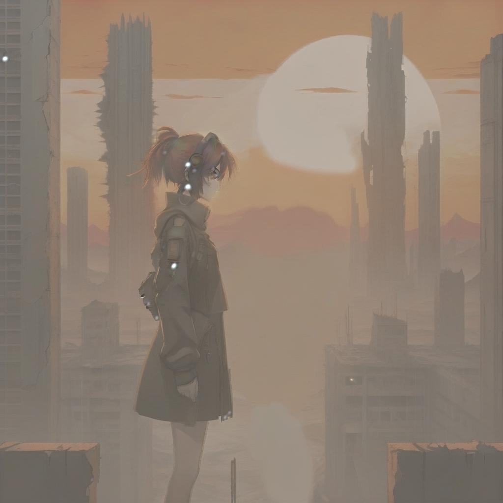  breathtaking high quality anime image, woman standing in a post apocalyptic landscape with ruined buildings, cyberpunk art, the red sunset . award winning, professional, highly detailed