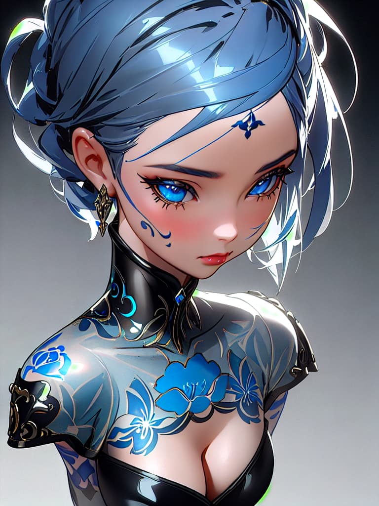  Close-up porcelain female figurine, looking to the camera, glossy surface, glaze, shiny, blue floral tattoos on her, dark gradient background, baroque dark style, hyperrealistic, CG society, intricate details