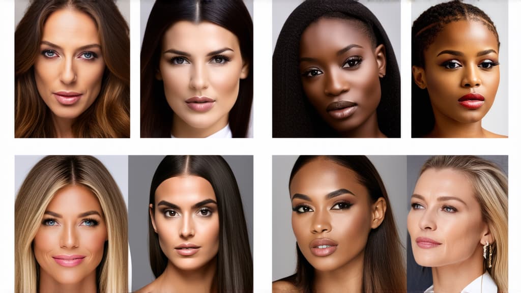  different beauty. set of different female heads on light background. different races and nationalities. ar 16:9, (natural skin texture), highly detailed face, depth of field, hyperrealism, soft light, muted colors