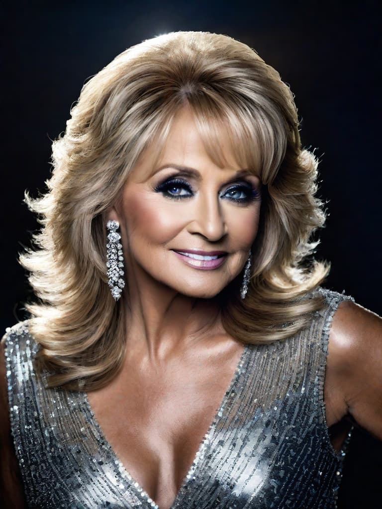  Country singer Barbara Mandrell, medium shot, upper body, spotlight, long exposure lighting, street art style spray paint, glamour lighting