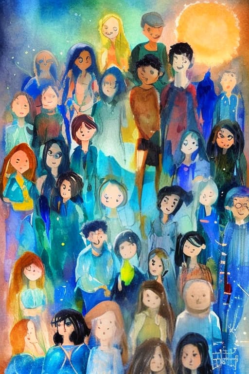  This difficulty of ours in looking at others and accepting their challenging difference!!! In a illustration portrait painting with many people of different genders and shapes textures. Blue, green-blue, light yellow and orange colors, inspired by Nicoletta Ceccoli, Lucy Campbell, Claudia Giraudo, Ozabu, Sofia Bonati, Amahi MORI,