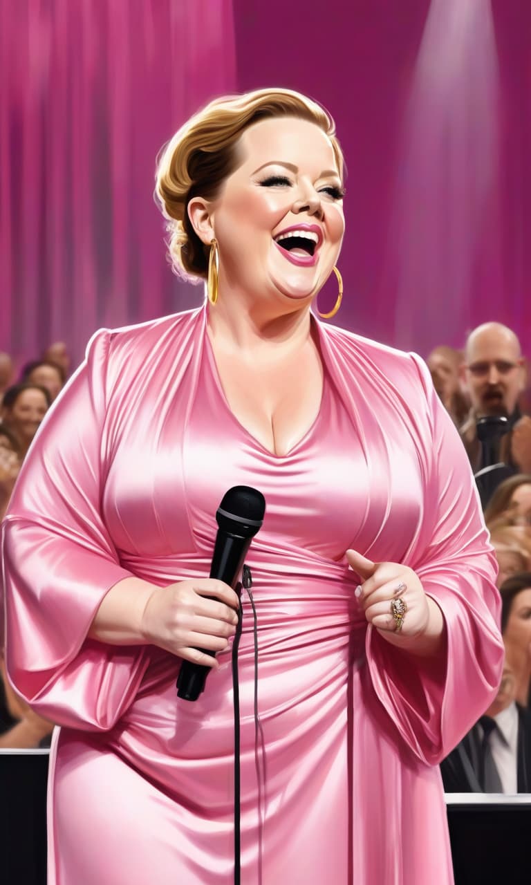  concept art pink, gold, black, white onstage bald melissa mccarthy with a microphone . digital artwork, illustrative, painterly, matte painting, highly detailed, perfect hands