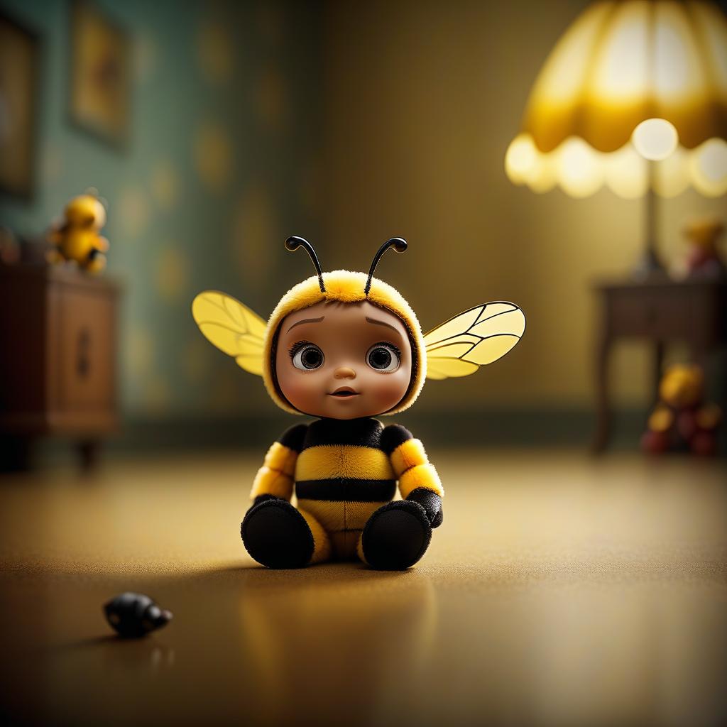  cinematic film still maya toy bee sad to the size of the ceiling baby and toy bear . shallow depth of field, vignette, highly detailed, high budget, bokeh, cinemascope, moody, epic, gorgeous, film grain, grainy