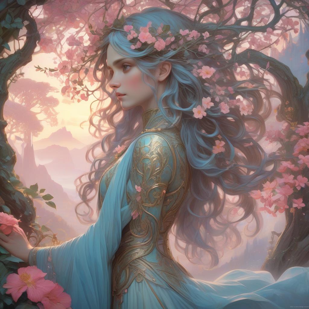  hyperrealistic art ethereal eternity tree, ancient garden, glowing light of eternity, lush foliage, vibrant flowers, melancholic ambiance, distant misty mountains, soft blue and pink sky, star like blooms, fluttering leaves, light phantoms around roots, storybook essence, gentle and beautiful, magical and ethereal atmosphere, detailed and enchanting, warm and soft lighting, by a fusion of alphonse mucha and john william waterhouse, artstation. . extremely high resolution details, photographic, realism pushed to extreme, fine texture, incredibly lifelike