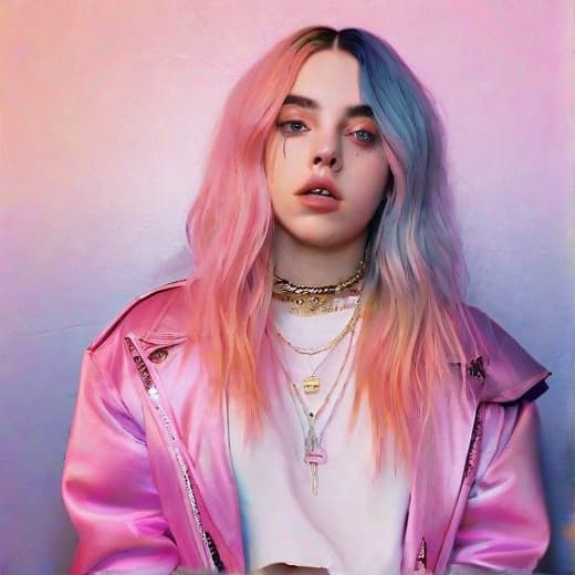  a highly detailed, realistic portrait of a young woman inspired by the style of billie eilish. she has a unique, edgy fashion sense, characterized by oversized clothing, vibrant hair colors, and expressive makeup. the background is a soft gradient of pastel colors, enhancing the subject's striking features. the lighting is soft, adding depth and dimension to her face, which reflects a blend of confidence and vulnerability. the overall atmosphere is artistic and modern, capturing the essence of contemporary pop culture.