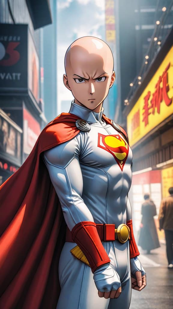  anime art: saitama, the caped baldy, ponders his hidden s rank potential amidst speculation of a conspiracy. hyperrealistic, full body, detailed clothing, highly detailed, cinematic lighting, stunningly beautiful, intricate, sharp focus, f/1. 8, 85mm, (centered image composition), (professionally color graded), ((bright soft diffused light)), volumetric fog, trending on instagram, trending on tumblr, HDR 4K, 8K