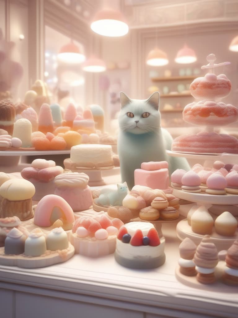  lots of dessert, pastel color, cat cafe, masterpiece, best quality,8k,ultra detailed,high resolution,an extremely delicate and beautiful,hyper detail