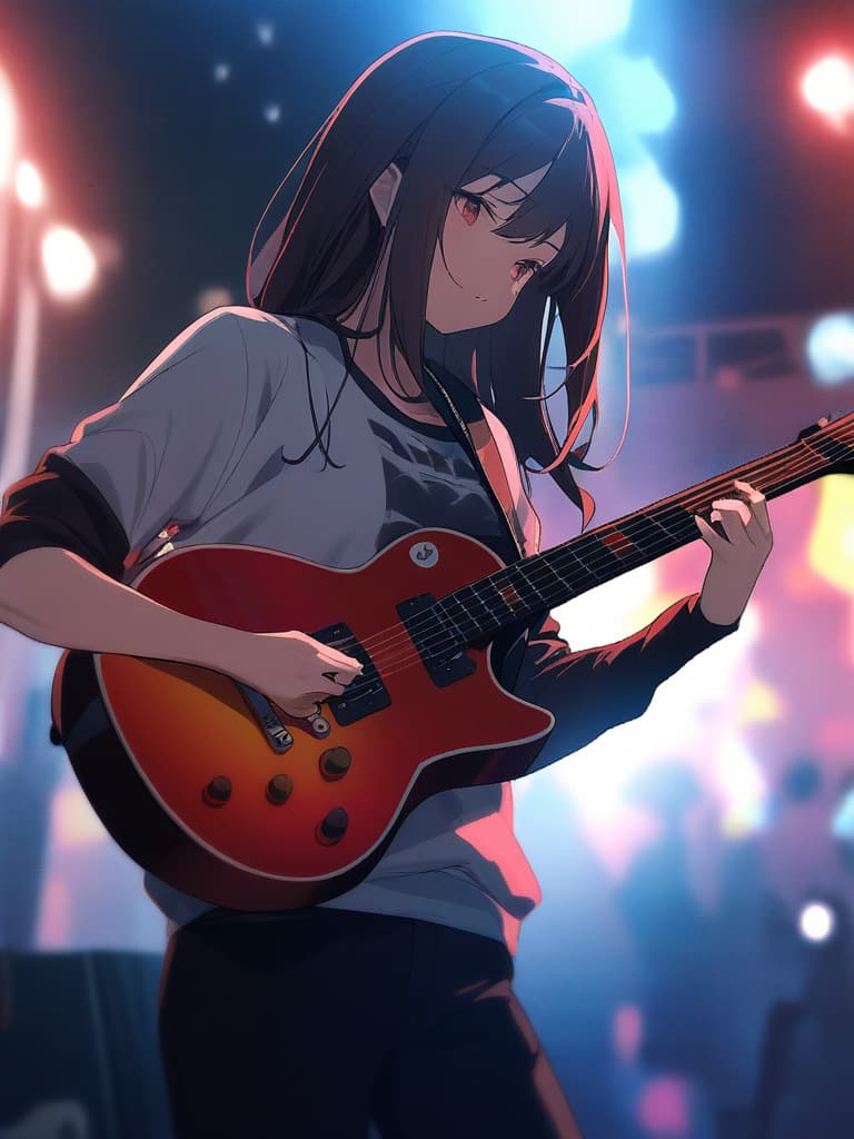  (girl){rock band,playing (((playing electric guitar:1.8))) close up,live music venue (background blur effect)}super detail,high resolution,absurd,employed,