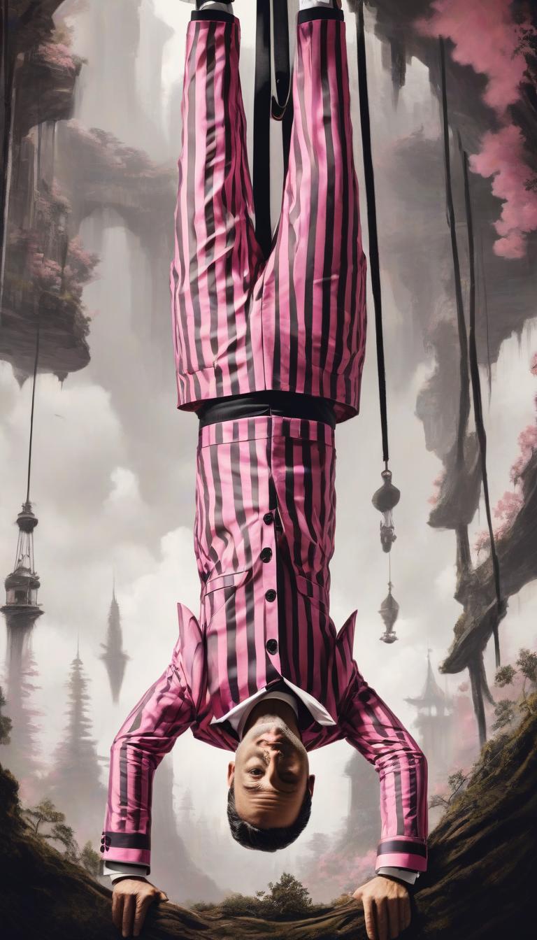  concept art color pink, white, black, gold a man in a striped suit hanging upside down . digital artwork, illustrative, painterly, matte painting, highly detailed, perfect hands