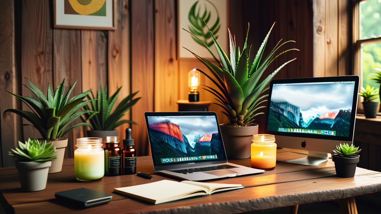  a serene workspace with jars of natural ingredients like aloe vera, coconut oil, and essential oils. a rustic wooden table adorned with plants, a notebook, and a laptop, symbolizing creativity and sustainability in skincare. hyperrealistic, full body, detailed clothing, highly detailed, cinematic lighting, stunningly beautiful, intricate, sharp focus, f/1. 8, 85mm, (centered image composition), (professionally color graded), ((bright soft diffused light)), volumetric fog, trending on instagram, trending on tumblr, HDR 4K, 8K