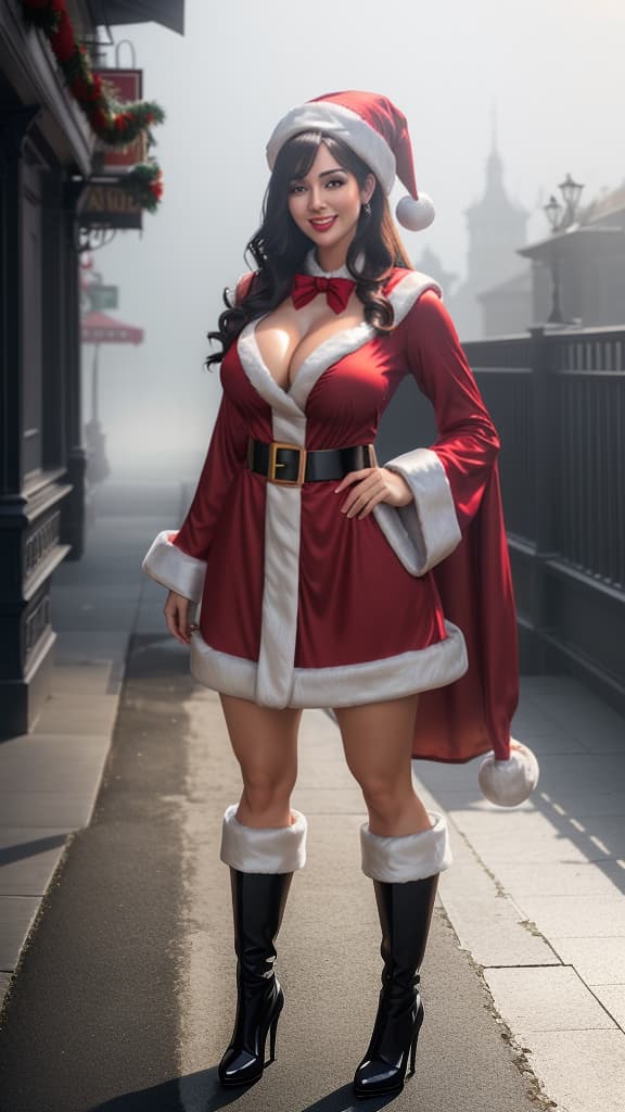  ((beautiful girl wearing Santa Claus costume)), (looking ravishing in Santa Claus costume), smiling, young, beautiful face, looking at the viewer, fair skin, long black shiny hair, outdoor, sunny day, buxom, vibrant colours, perfect lighting, UHD, HDR, 8k, hyperrealistic, full body, detailed clothing, highly detailed, cinematic lighting, stunningly beautiful, intricate, sharp focus, f/1. 8, 85mm, (centered image composition), (professionally color graded), ((bright soft diffused light)), volumetric fog, trending on instagram, trending on tumblr, HDR 4K, 8K