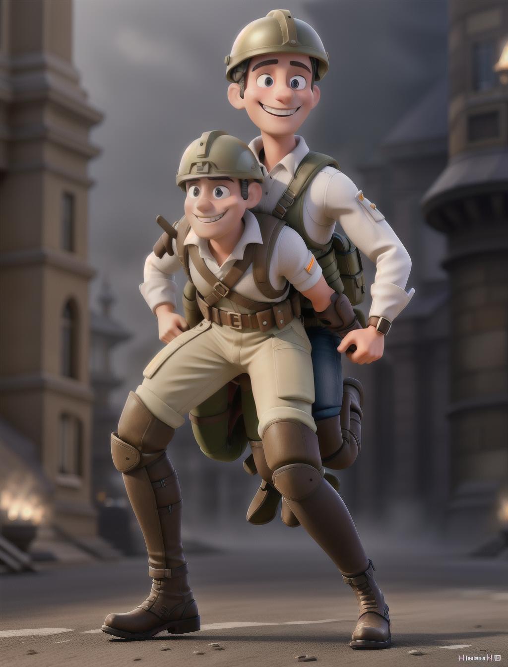  he helmeted French soldier carries another helmered soldier on his shoulders, smiling. on the road, detailed hyperrealistic, full body, detailed clothing, highly detailed, cinematic lighting, stunningly beautiful, intricate, sharp focus, f/1. 8, 85mm, (centered image composition), (professionally color graded), ((bright soft diffused light)), volumetric fog, trending on instagram, trending on tumblr, HDR 4K, 8K