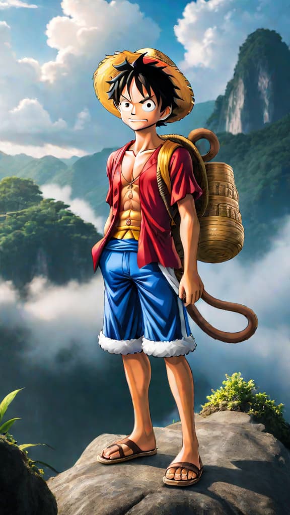  anime art: monkey d. luffy embarks on a grand adventure in "one piece." hyperrealistic, full body, detailed clothing, highly detailed, cinematic lighting, stunningly beautiful, intricate, sharp focus, f/1. 8, 85mm, (centered image composition), (professionally color graded), ((bright soft diffused light)), volumetric fog, trending on instagram, trending on tumblr, HDR 4K, 8K