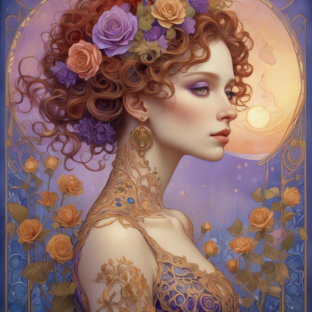  art nouveau style a close up full body portrait of an stylish beautiful woman dressed in klimt style with a beautiful and very detailed face,style of jean baptiste monge, van gogh style, so many kind of flowers ,roses, klimt style. sunset. background, masterpiece, use shades of purple , blue, red and green best quality, super detailed, high resolution, very detailed, 8k uhd, realistic, (natural light), amazing, fine details, best, high quality, raw photo. arte nova. ember filigree and lace. . elegant, decorative, curvilinear forms, nature inspired, ornate, detailed