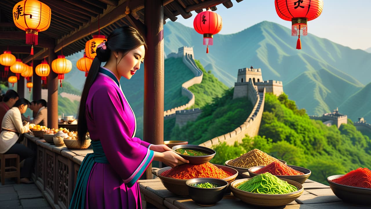  @ image prompt: a vibrant scene depicting a traveler engaging with local culture in china, exploring a bustling street market filled with food stalls, participating in a traditional tea ceremony, surrounded by stunning landscapes like the great wall and serene rivers, all showcasing the beauty of curiosity and exploration. hyperrealistic, full body, detailed clothing, highly detailed, cinematic lighting, stunningly beautiful, intricate, sharp focus, f/1. 8, 85mm, (centered image composition), (professionally color graded), ((bright soft diffused light)), volumetric fog, trending on instagram, trending on tumblr, HDR 4K, 8K