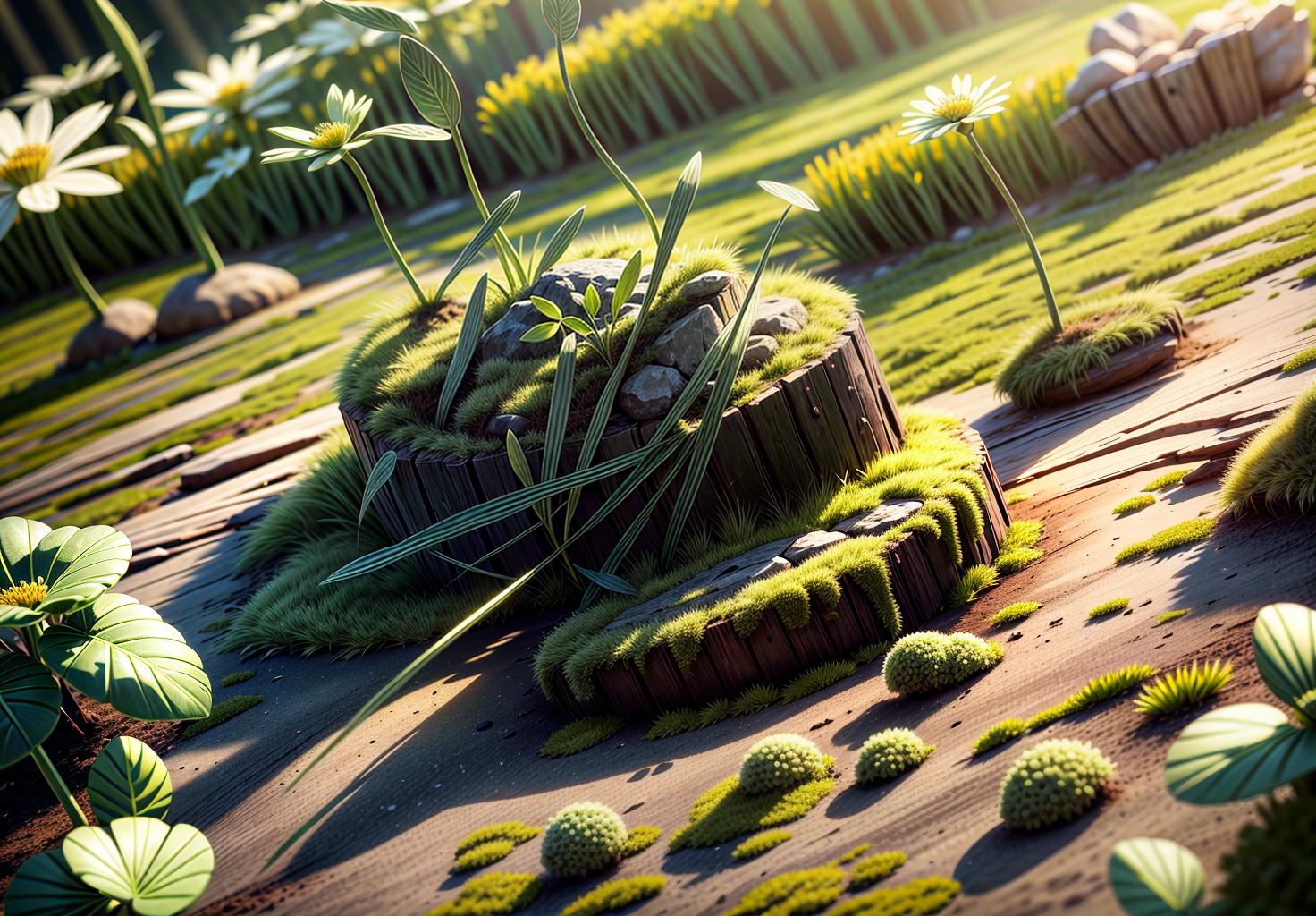  best quality, high resolution, perfect lighting, (extremely fine cg: 1.2), 32k, (green plant artform, solo:1.5), flower, meadow, forest, spring, blooming flowers, moss microlandscape, green, simple, clean bright background, light tracing, natural light, c4d, oc render, (masterpiece:1.2),