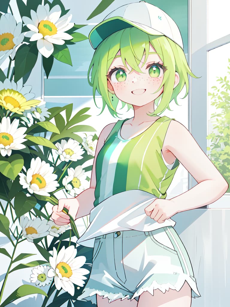 ,baseball cap,green hair,freckles,(((white tank top))),striped ,,smile,, masterpiece, best quality,8k,ultra detailed,high resolution,an extremely delicate and beautiful,hyper detail