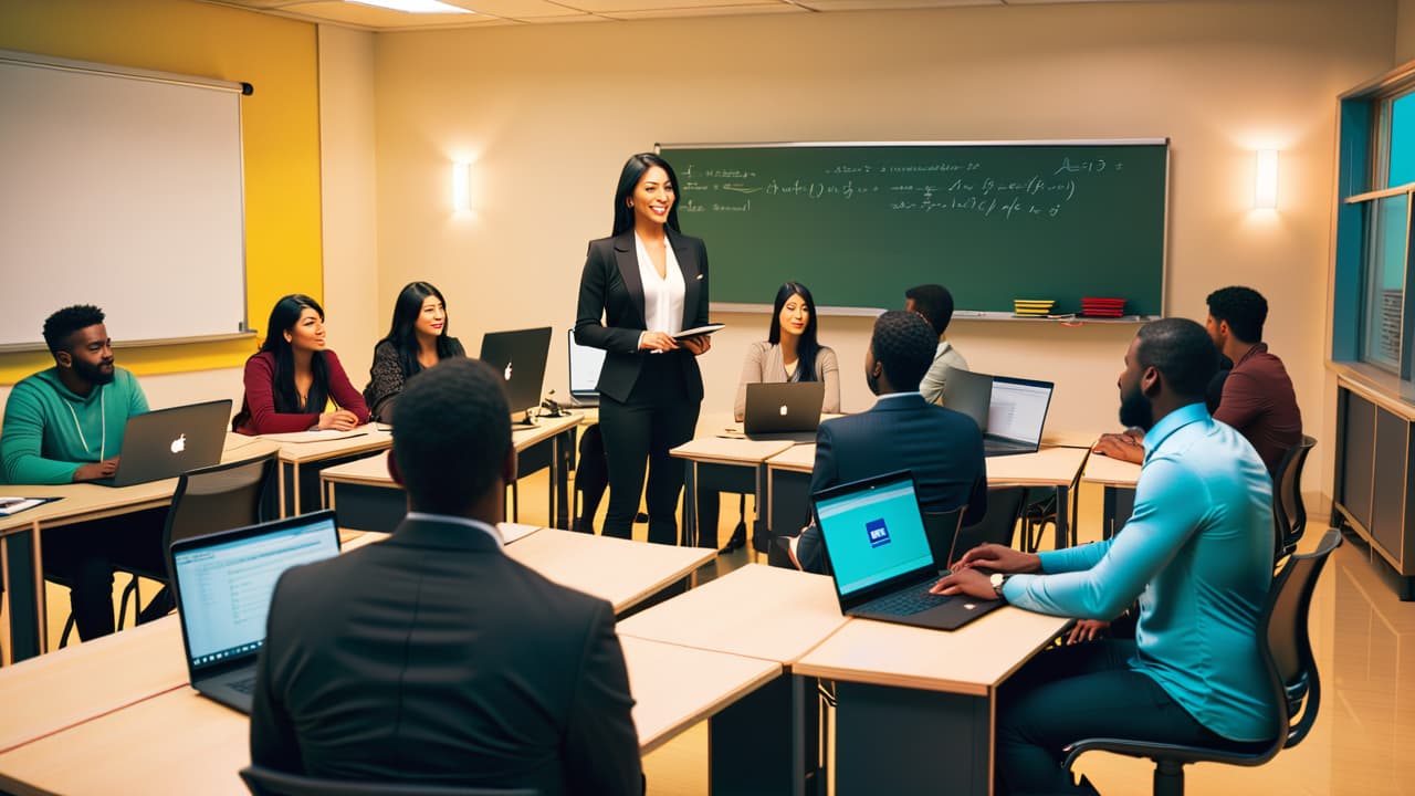  an elegant study room with a diverse group of engaged students on laptops, a professional tutor guiding them, stacks of educational materials, a whiteboard filled with complex equations, and a cozy, inviting atmosphere. hyperrealistic, full body, detailed clothing, highly detailed, cinematic lighting, stunningly beautiful, intricate, sharp focus, f/1. 8, 85mm, (centered image composition), (professionally color graded), ((bright soft diffused light)), volumetric fog, trending on instagram, trending on tumblr, HDR 4K, 8K