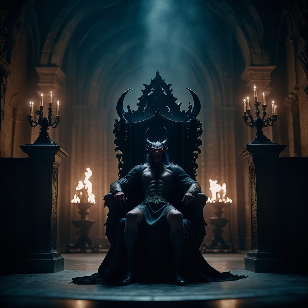  cinematic film still a demon sitting on a throne in a castle . shallow depth of field, vignette, highly detailed, high budget, bokeh, cinemascope, moody, epic, gorgeous, film grain, grainy