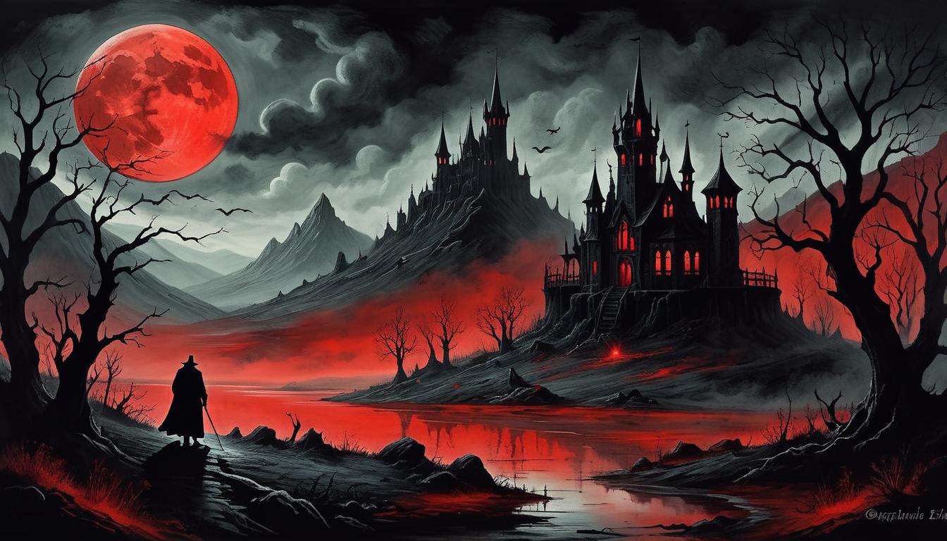  on parchment, surrealism+++, a dark and shadowy landscape silhouetted by a blood red moon, ghostly apparitions lingering, haunted atmosphere, nightmarish, eerie stillness(mysterious, provocative, symbolic,muted color)+++