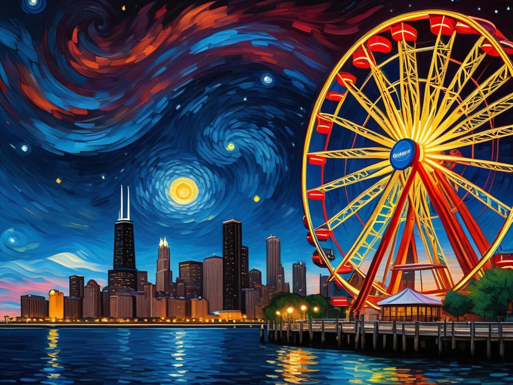  concept art chicago’s centennial ferris wheel, chicago’s navy pier, van gogh's starry starry night with colorful red and orange swirls in the beautiful night sky, chicago skyline with colorful van gogh swirls in the sky, hyper realistic, chicago skyline, mesmerizing, intricate details, flambient golden and red sunrise, dramatic lighting, epic composition, wide angle, cinematic, masterpiece, high resolution, sharp details, best quality, 4k, raw photo, van gogh influence, studio lighting, impressionist, bold colors, starry sky, architectural elements, medium format lens, high angle, cityscape, city life, metropolitan, van gogh's brushstrokes, van gogh's shadows, van gogh's colors, van gogh's textures, nighttime, city scene, streets, night