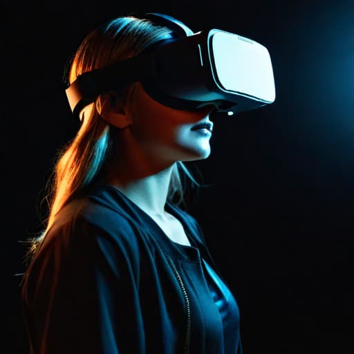  A girl wearing VR glasses in a dark environment.